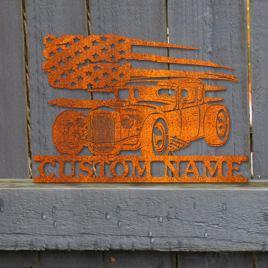 Personalized Hot Rod Metal Sign Led Light, Garage Decor, Gift For Dad, Hot Rod Metal Wall Art, Wall Hanging, Us Flag Hot Rod Sign Garage Sign