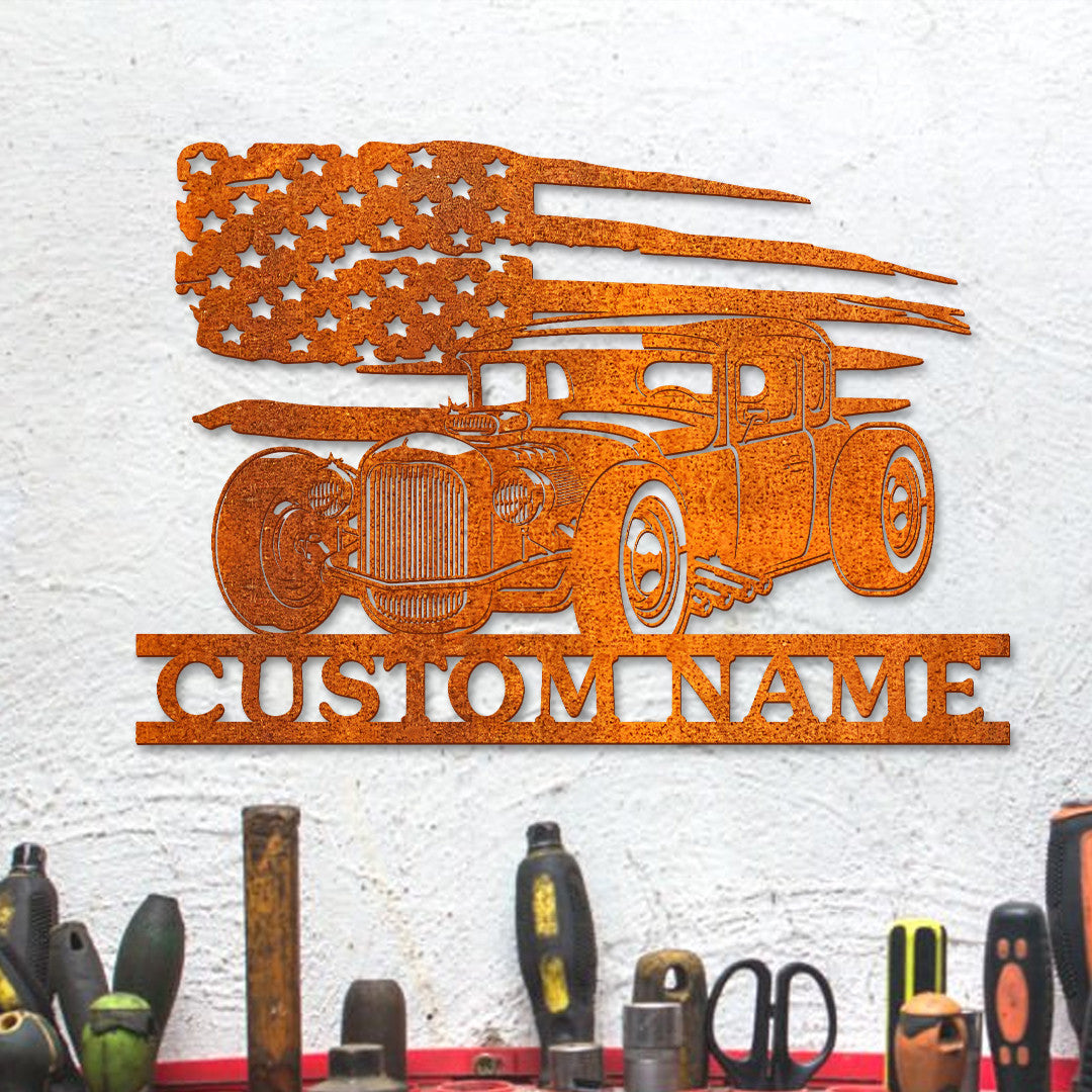 Personalized Hot Rod Metal Sign Led Light, Garage Decor, Gift For Dad, Hot Rod Metal Wall Art, Wall Hanging, Us Flag Hot Rod Sign Garage Sign
