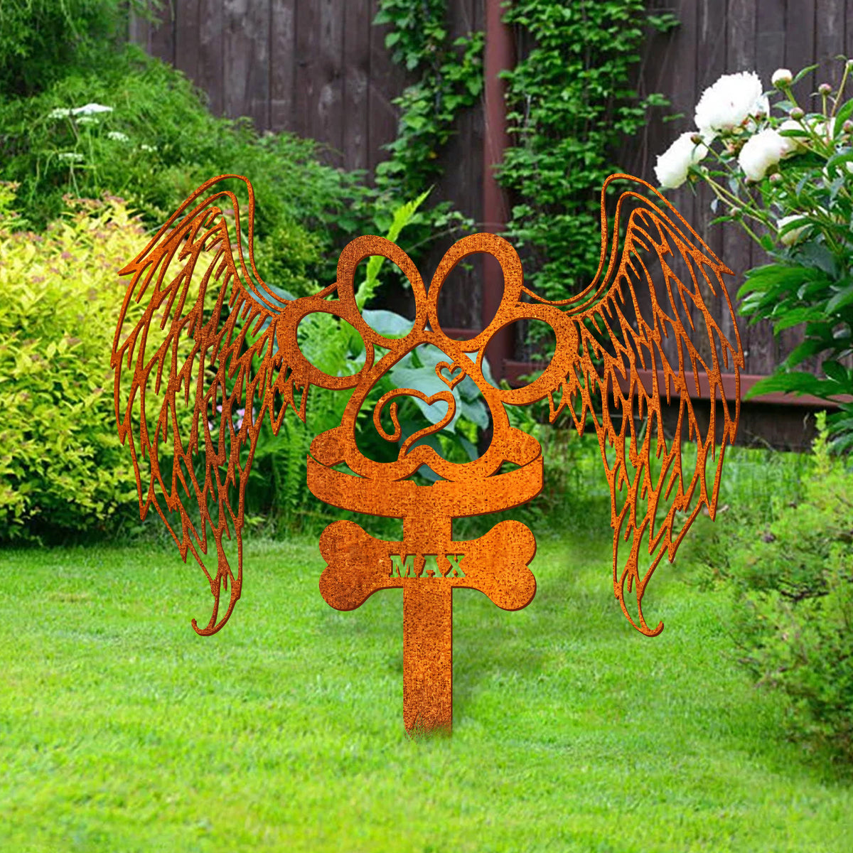Custom Dog Memorial Stake With Wings And Paw, Metal Dog Garden Stake Corten Sign , Personalized Dog Name Sign, Metal Dog Memorial Sign, Grave Marker
