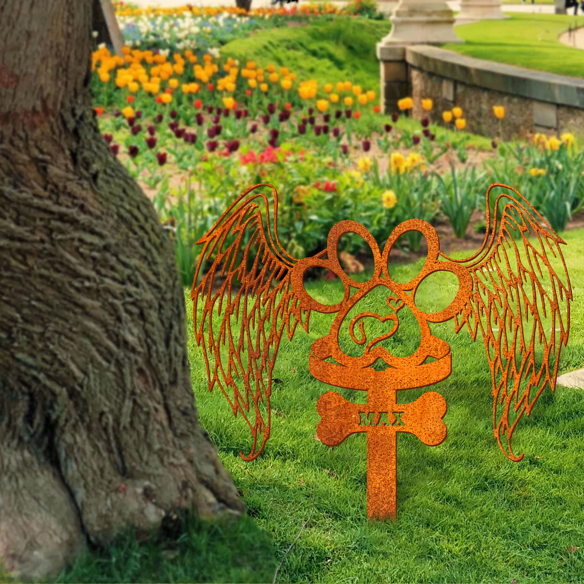 Custom Dog Memorial Stake With Wings And Paw, Metal Dog Garden Stake Corten Sign , Personalized Dog Name Sign, Metal Dog Memorial Sign, Grave Marker