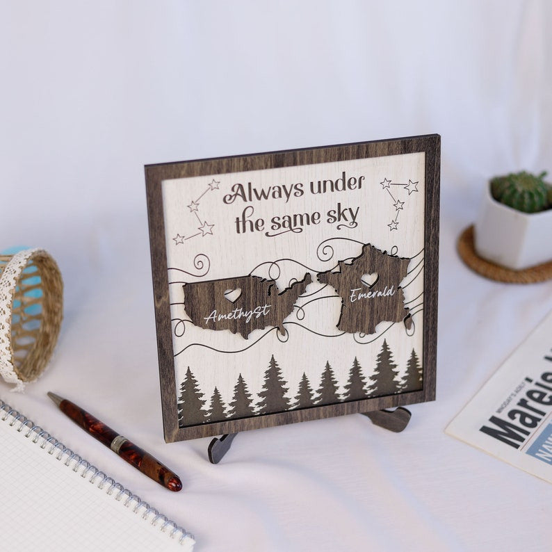 Always Under the Same Sky Customized Wooden Sign, State to State, Country to Country, Long-Distanced Gifts, Couple Gifts, Moving Away Gifts