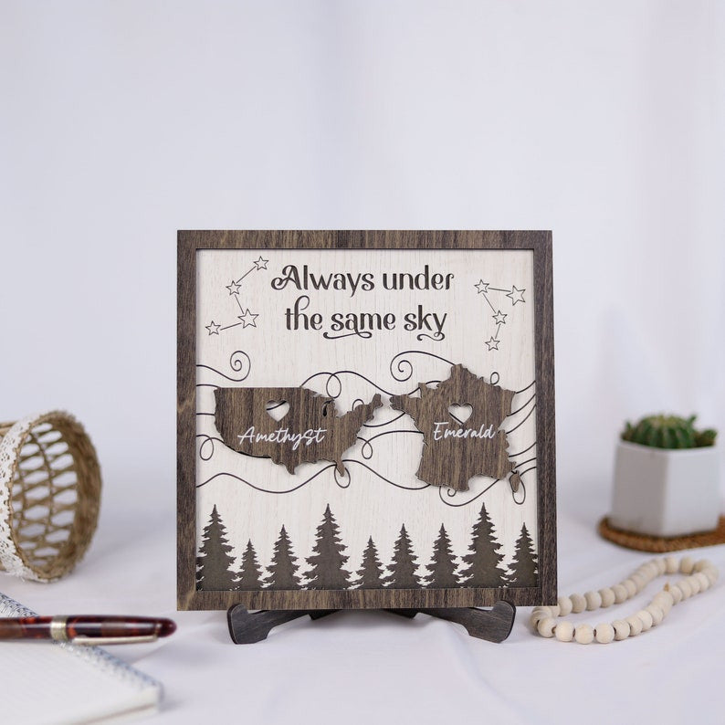 Always Under the Same Sky Customized Wooden Sign, State to State, Country to Country, Long-Distanced Gifts, Couple Gifts, Moving Away Gifts