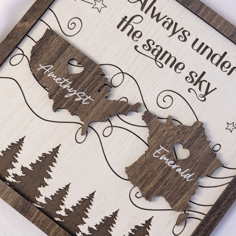 Always Under the Same Sky Customized Wooden Sign, State to State, Country to Country, Long-Distanced Gifts, Couple Gifts, Moving Away Gifts