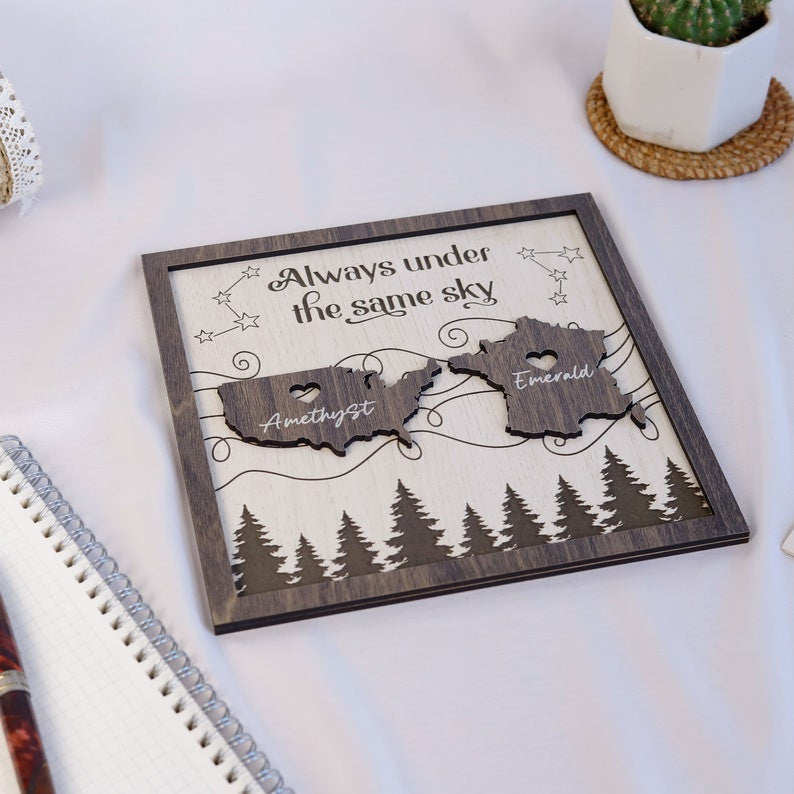 Always Under the Same Sky Customized Wooden Sign, State to State, Country to Country, Long-Distanced Gifts, Couple Gifts, Moving Away Gifts
