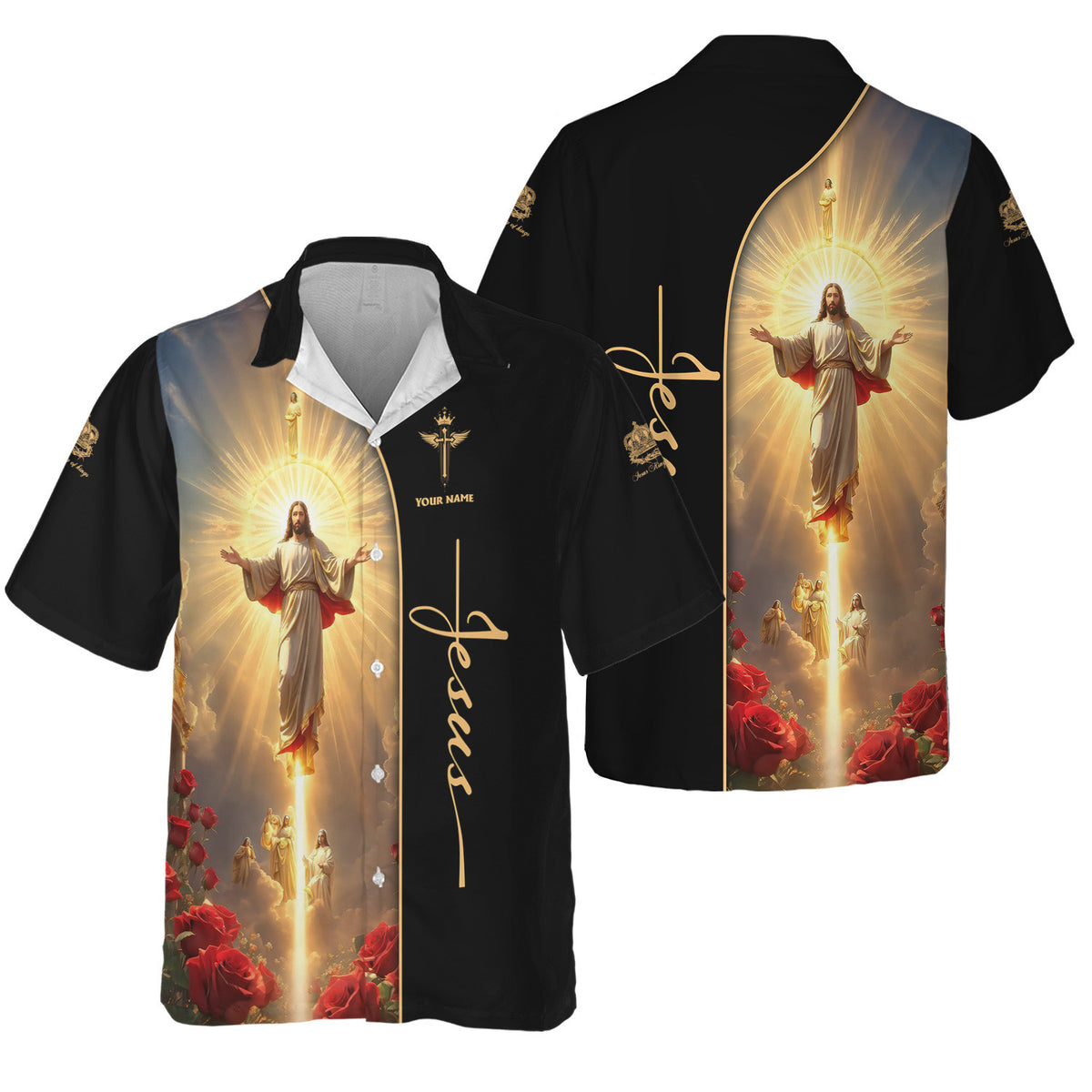 Custom Name Jesus Printed Black Shirt For Men And Women Divine Light & Roses Christian Apparel