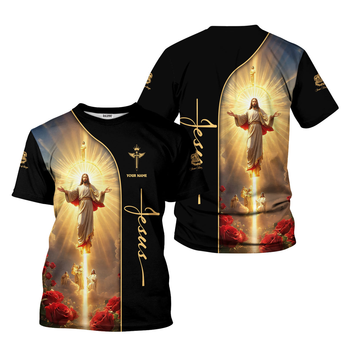 Custom Name Jesus Printed Black Shirt For Men And Women Divine Light & Roses Christian Apparel