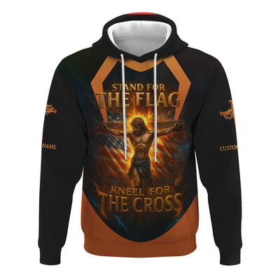 Custom Name Stand For The Flag, Kneel For The Cross Jesus Printed Black Shirt For Men And Women Christian Apparel