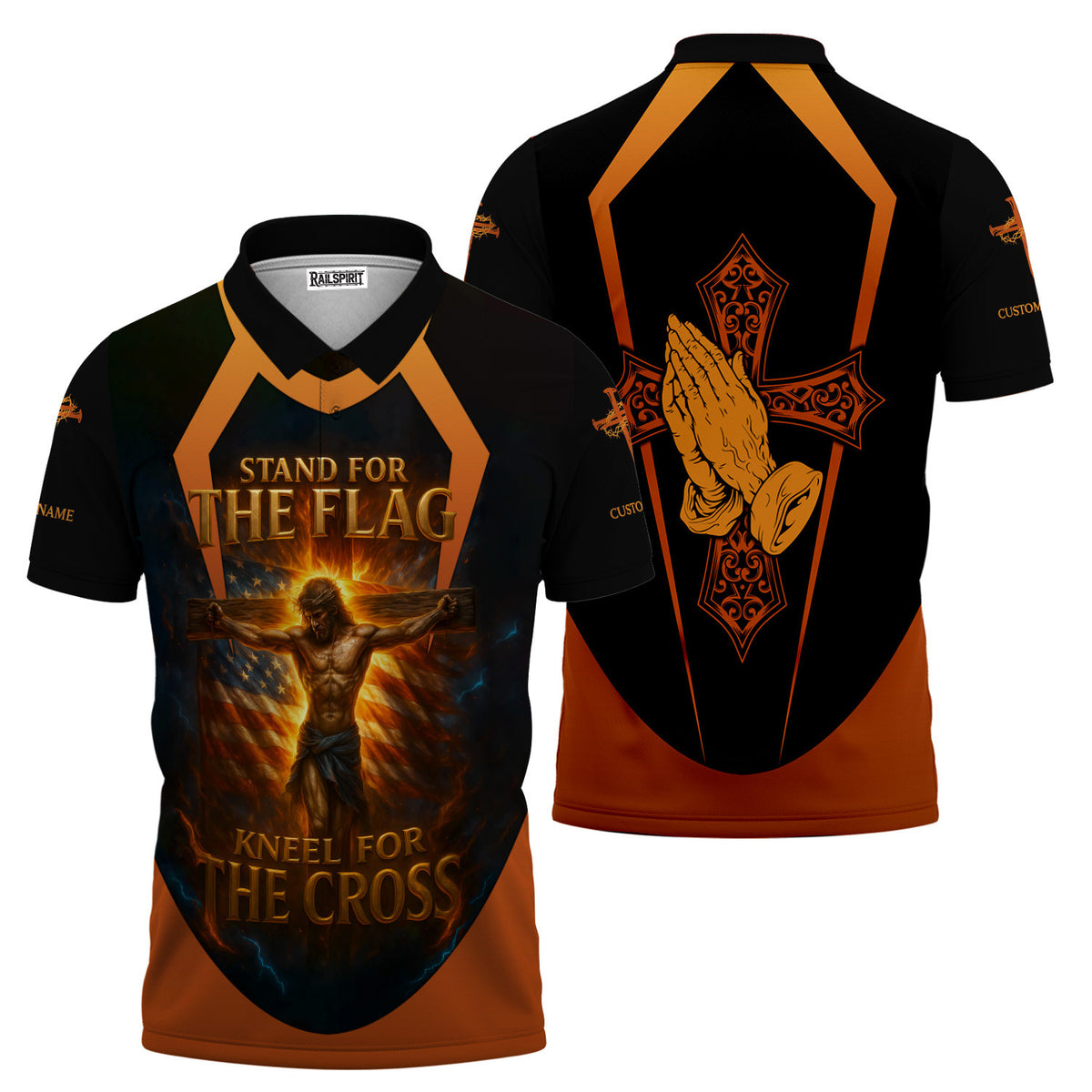 Custom Name Stand For The Flag, Kneel For The Cross Jesus Printed Black Shirt For Men And Women Christian Apparel
