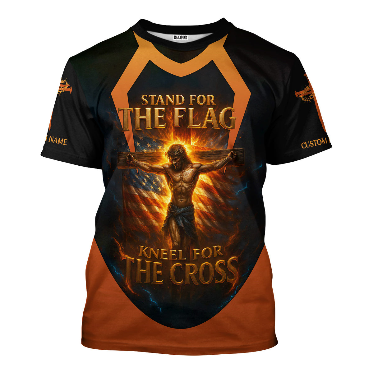 Custom Name Stand For The Flag, Kneel For The Cross Jesus Printed Black Shirt For Men And Women Christian Apparel
