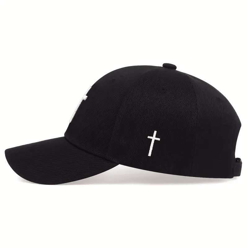 Black Baseball Cap with White Cross Embroidery, Adjustable Hat for Men & Women, Trendy & Stylish Religious Cap