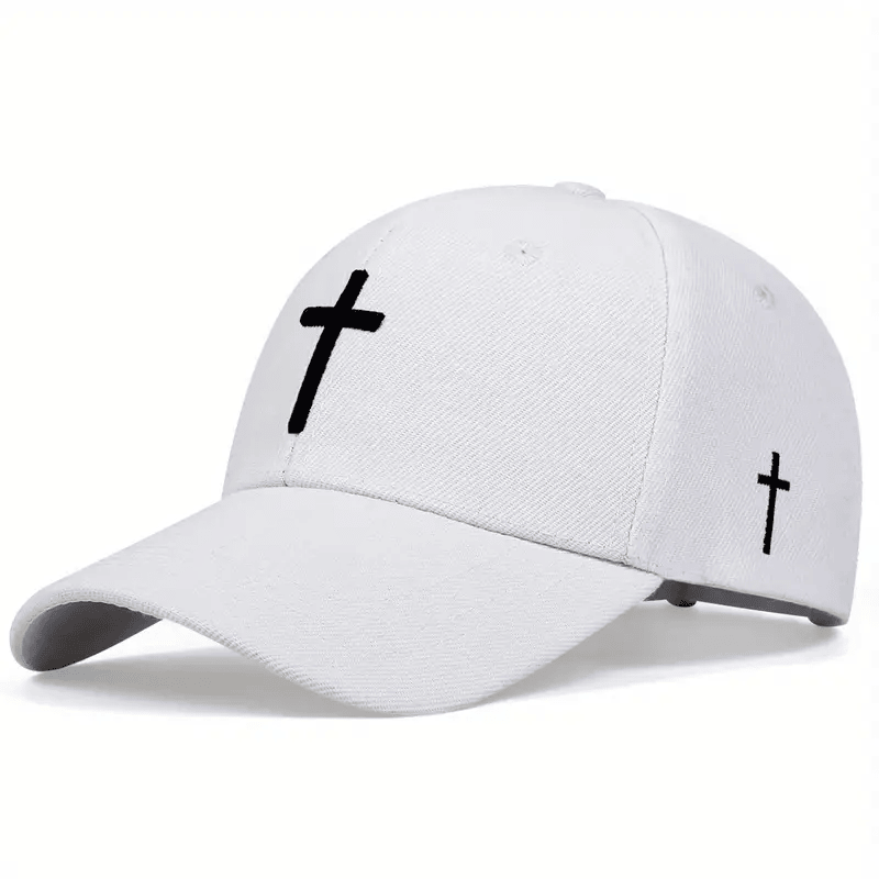 Black Baseball Cap with White Cross Embroidery, Adjustable Hat for Men & Women, Trendy & Stylish Religious Cap