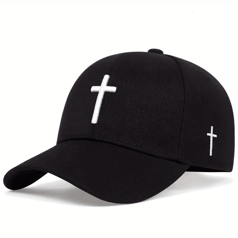 Black Baseball Cap with White Cross Embroidery, Adjustable Hat for Men & Women, Trendy & Stylish Religious Cap