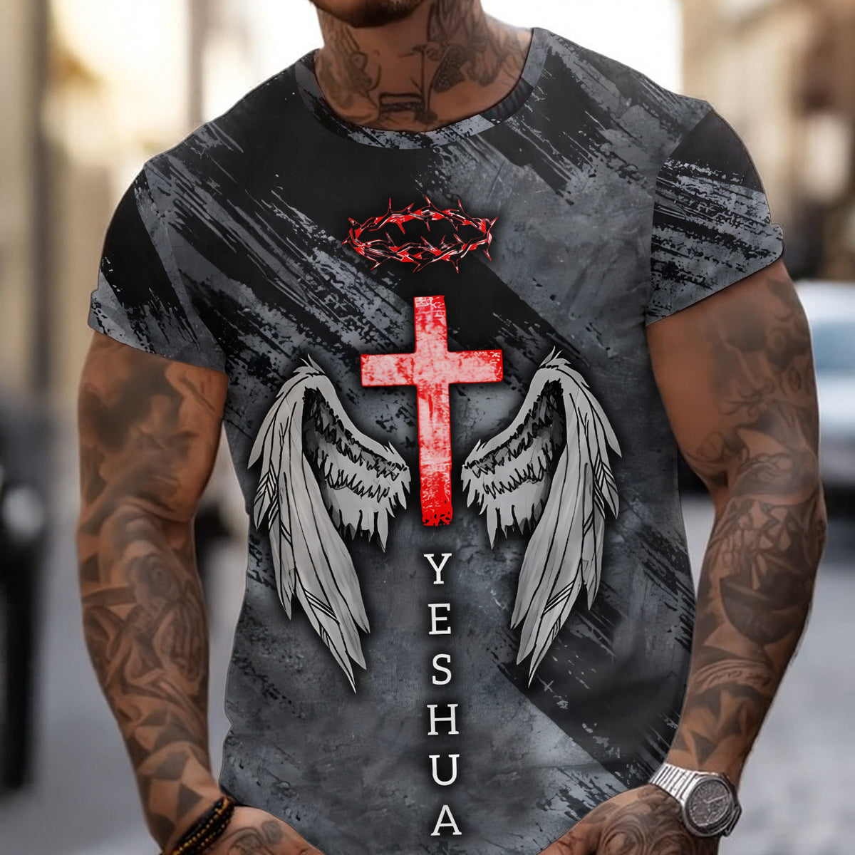 Christian T Shirt for Men Women, Yeshua Cross with Wings and Crown of Thorns Graphic Tee, Religious Faith Shirt, Inspirational Gift Apparel