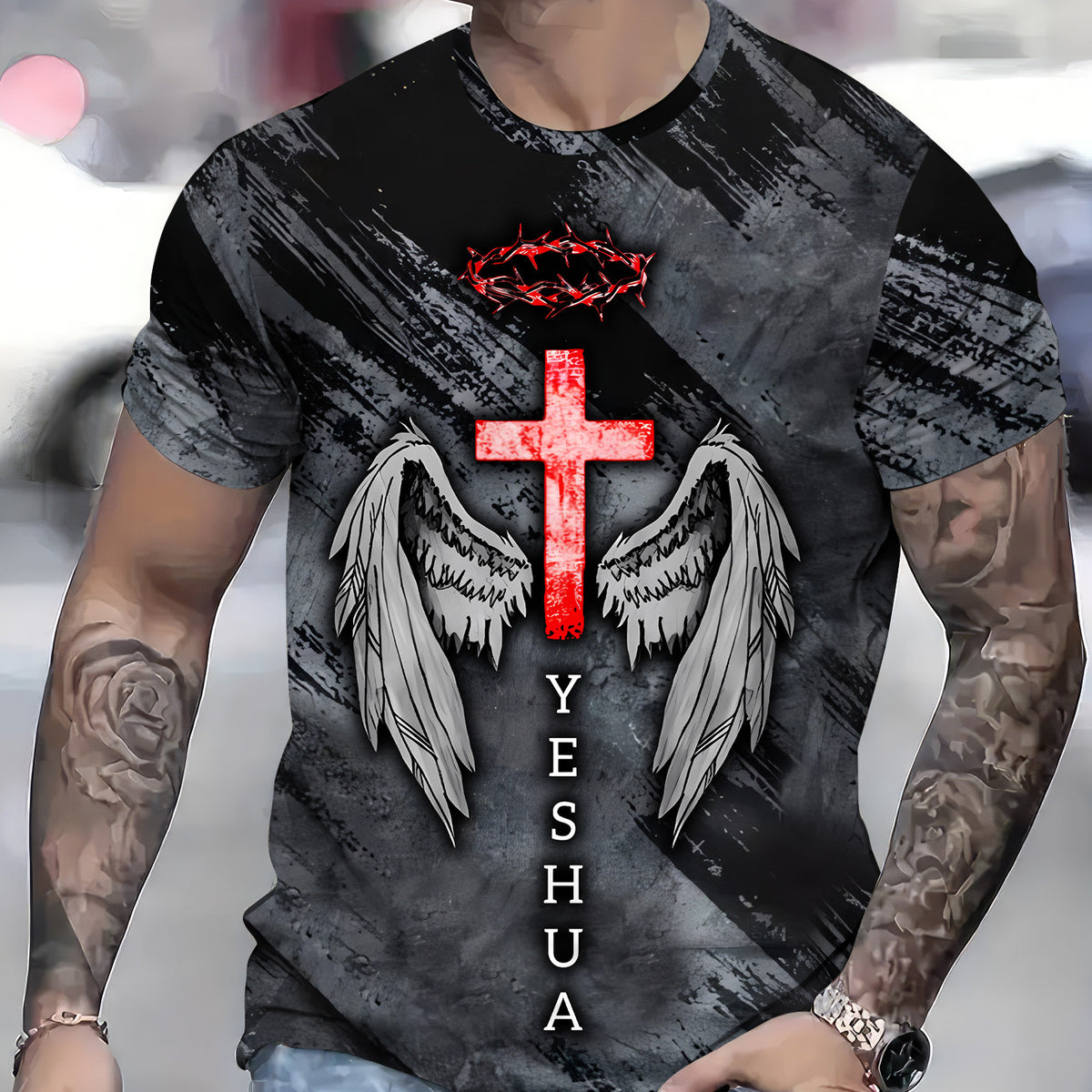 Christian T Shirt for Men Women, Yeshua Cross with Wings and Crown of Thorns Graphic Tee, Religious Faith Shirt, Inspirational Gift Apparel
