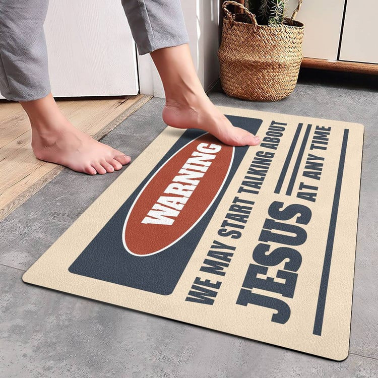 Funny Christian Doormat, Warning We May Start Talking About Jesus At Any Time, Religious Home Decor & Unique Christian Gift Idea
