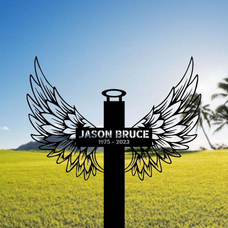 Custom Cross With Wing Metal, Cross Sign Memorial Stake, Cross Stake, Metal Stake, Sympathy Gift, Garden Sign