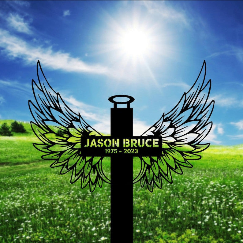 Custom Cross With Wing Metal, Cross Sign Memorial Stake, Cross Stake, Metal Stake, Sympathy Gift, Garden Sign