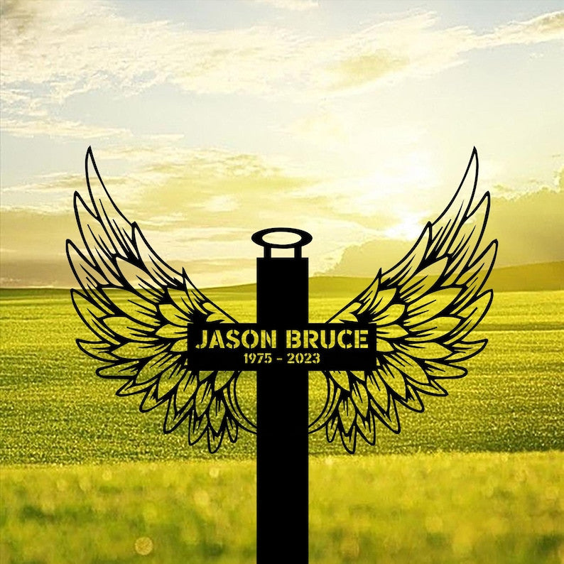 Custom Cross With Wing Metal, Cross Sign Memorial Stake, Cross Stake, Metal Stake, Sympathy Gift, Garden Sign