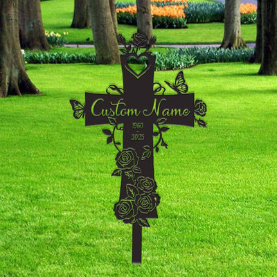 Personalized Cross With Rose Flowers Memorial Stake, Custom Cross Grave Marker Metal Garden Decor, Memorial Cross Stake Metal Garden Sign