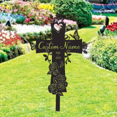 Personalized Cross With Rose Flowers Memorial Stake, Custom Cross Grave Marker Metal Garden Decor, Memorial Cross Stake Metal Garden Sign