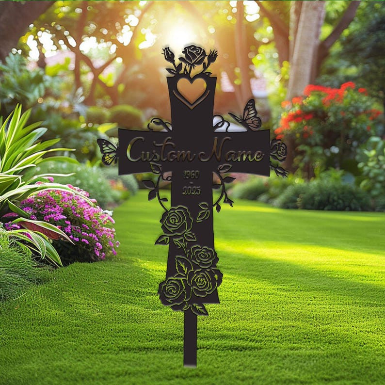 Personalized Cross With Rose Flowers Memorial Stake, Custom Cross Grave Marker Metal Garden Decor, Memorial Cross Stake Metal Garden Sign