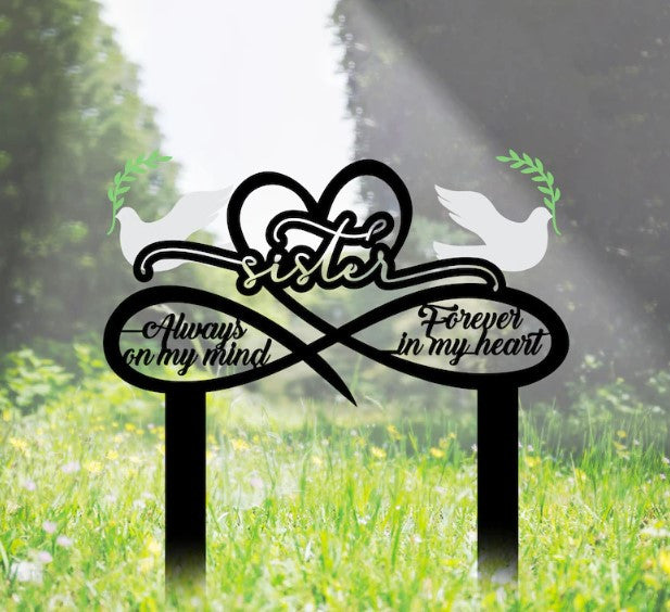 Custom Loss Of Sister Memorial Stake, Infinity Dove Metal Stakes, Sister Grave Marker Stake, Dove Garden Stake