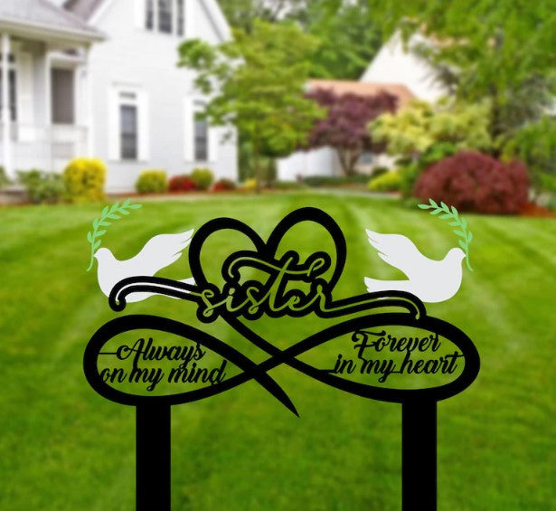 Custom Loss Of Sister Memorial Stake, Infinity Dove Metal Stakes, Sister Grave Marker Stake, Dove Garden Stake