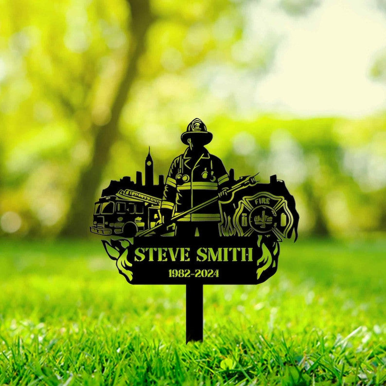Personalized Memorial Fireman Metal Stake, Memorial Firefighter Metal Sign, Custom Fireman Name Sign, Grave Marker