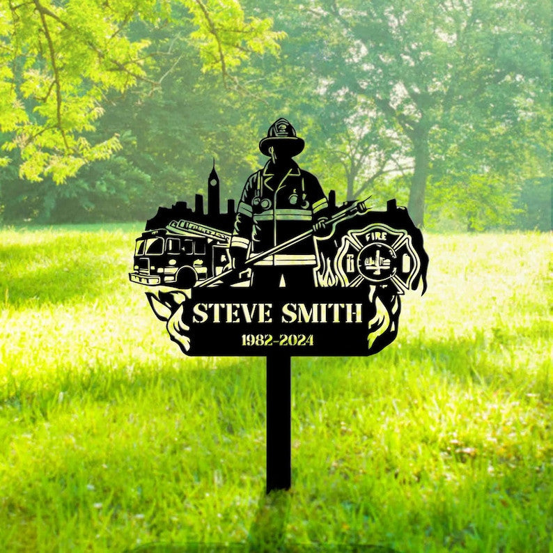 Personalized Memorial Fireman Metal Stake, Memorial Firefighter Metal Sign, Custom Fireman Name Sign, Grave Marker