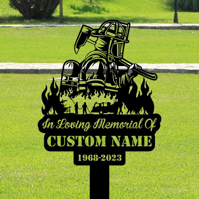 Fire Fighter Fireman Memorial Metal Stake Custom, Firefighter Memorial Plaque with Stake, Fireman Cemetery Stake
