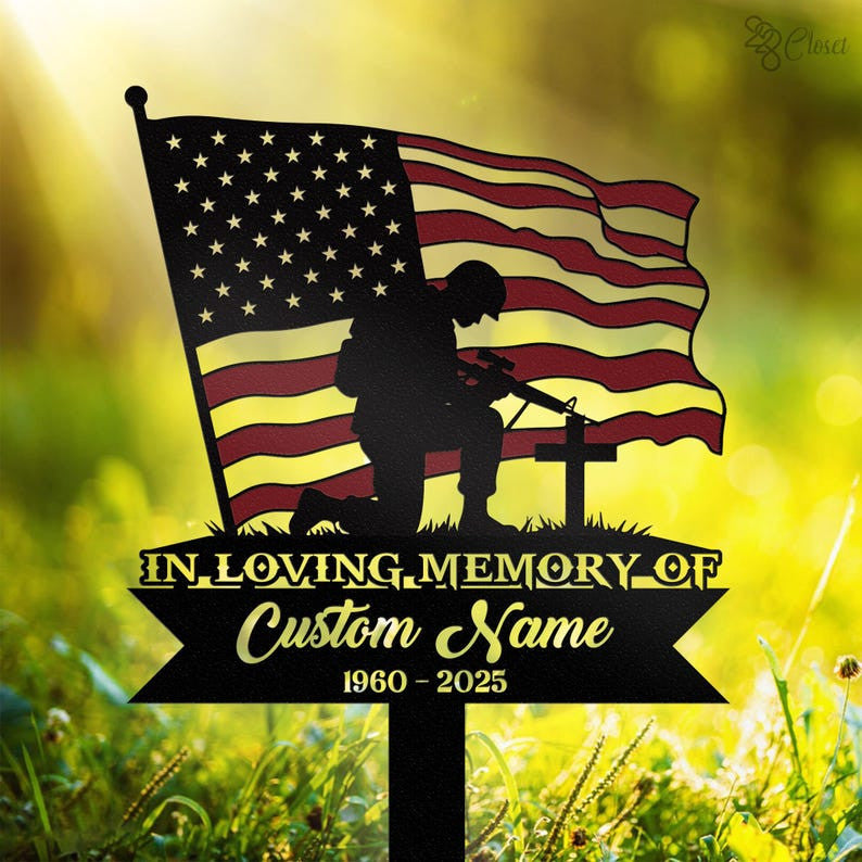 Personalized Kneeling Soldier Memorial Metal Stake, Army Memorial, Memorial Veteran, Sympathy Gift, Military Funeral Sign