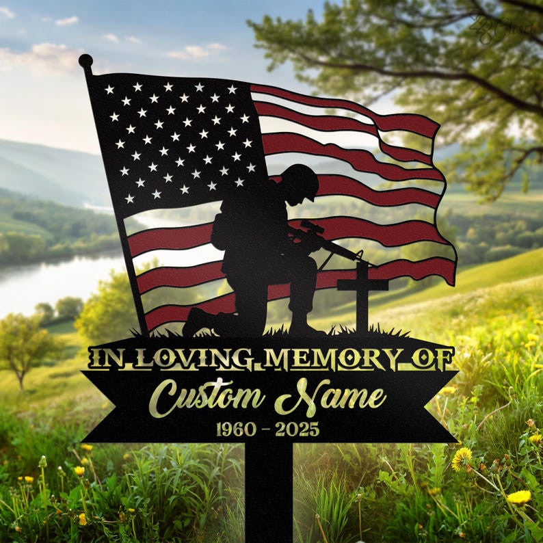 Personalized Kneeling Soldier Memorial Metal Stake, Army Memorial, Memorial Veteran, Sympathy Gift, Military Funeral Sign