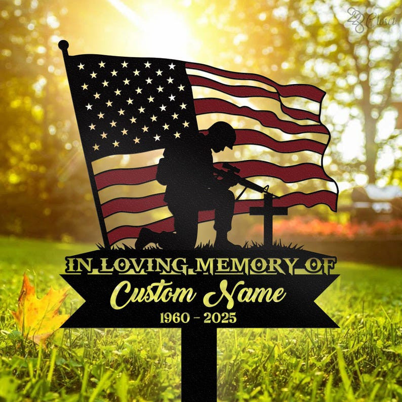 Personalized Kneeling Soldier Memorial Metal Stake, Army Memorial, Memorial Veteran, Sympathy Gift, Military Funeral Sign