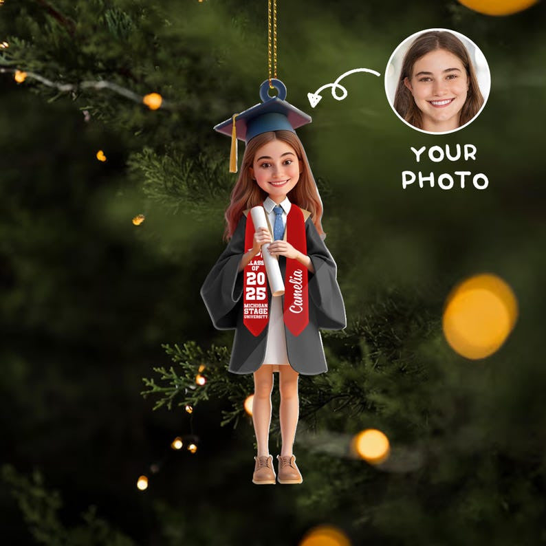 Custom Graduation Ornament 2025, Personalized Graduate Gift with Photo, Class of 2025 Keepsake, Christmas Tree Decoration