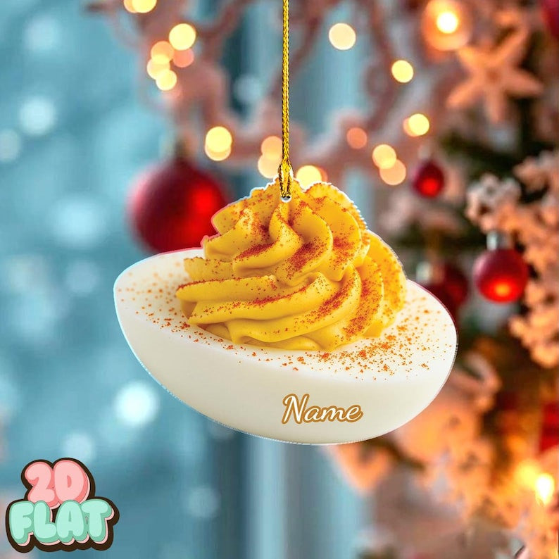 Personalized Deviled Egg 2D FLAT Ornament, Funny Food Christmas Tree Decor, Custom Foodie Holiday Gift, Unique Egg Lover Kitchen Keepsake