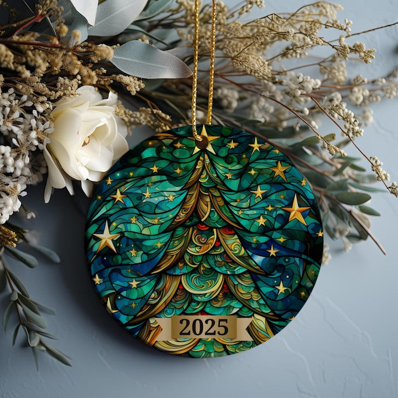 Christmas Tree Ornament 2025, Stained Glass Holiday Decoration, Elegant Keepsake Gift for Family, Coworkers, Friends