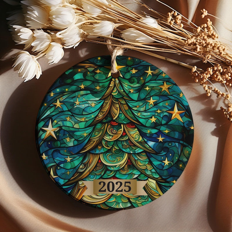 Christmas Tree Ornament 2025, Stained Glass Holiday Decoration, Elegant Keepsake Gift for Family, Coworkers, Friends