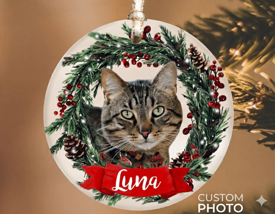 Personalized Pet Ornament, Custom Cat Christmas Ornament, Pet Memorial Ornament, Cat Christmas Photo Ornament, Pet Portrait Name Gift