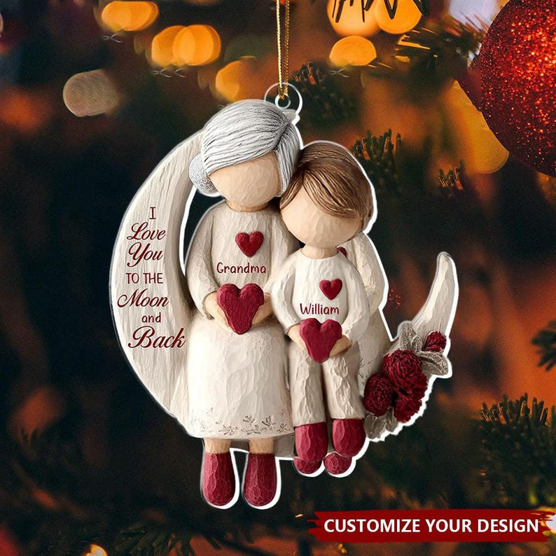 Grandma And Grandchild Moon Love Ornament, Christmas Keepsake For Grandma, Personalized 2D Flat Acrylic Ornament