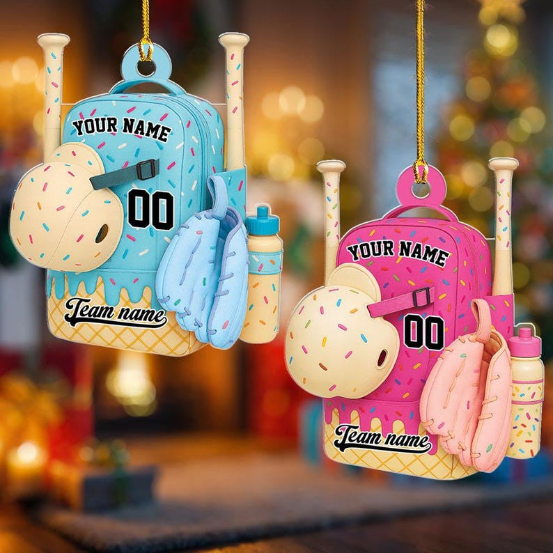 Baseball Bag Personalized Christmas Ornament, Ice Cream Drip Baseball With Name Number Ornament, Custom Name Baseball Team Gift Drip Sprinkles