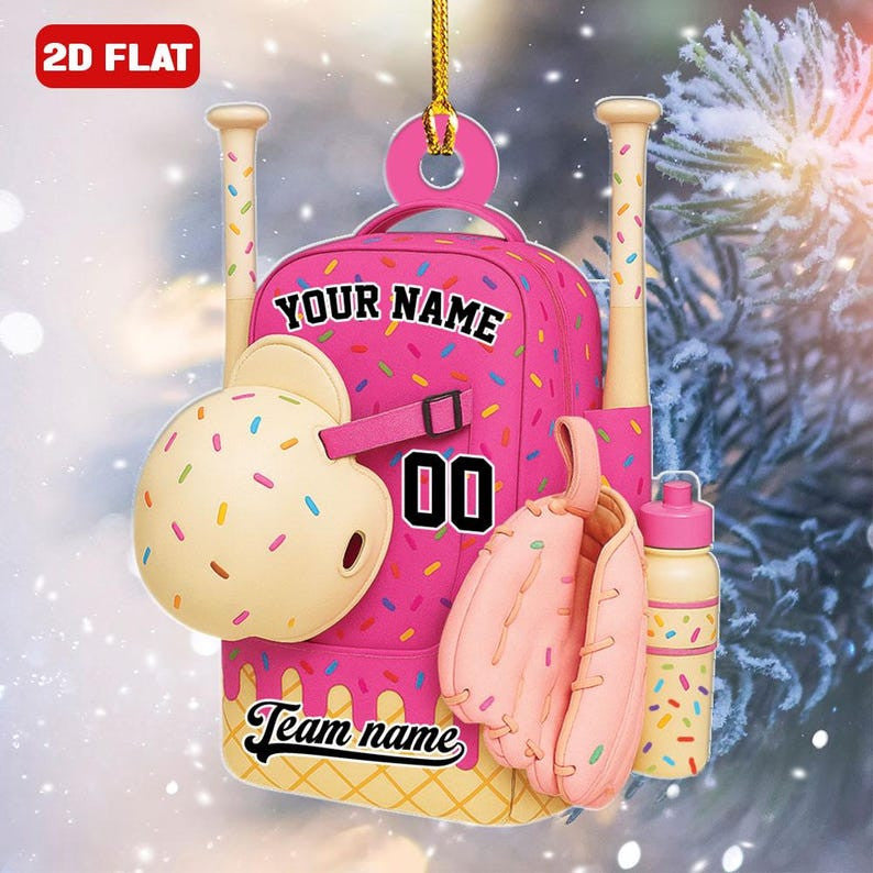 Baseball Bag Personalized Christmas Ornament, Ice Cream Drip Baseball With Name Number Ornament, Custom Name Baseball Team Gift Drip Sprinkles