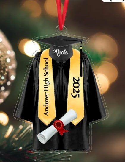 Personalized Graduation Gown Ornament: School Name, Christmas Tree Hanging Decor, Flat 2D Ornament Acrylic