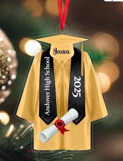 Personalized Graduation Gown Ornament: School Name, Christmas Tree Hanging Decor, Flat 2D Ornament Acrylic
