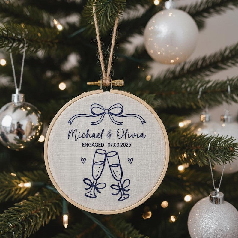 Custom Name Engagement Christmas Ornament, Personalized Hand Embroidered Our First Christmas Married Ornament, 2025 Couple Tree Decor