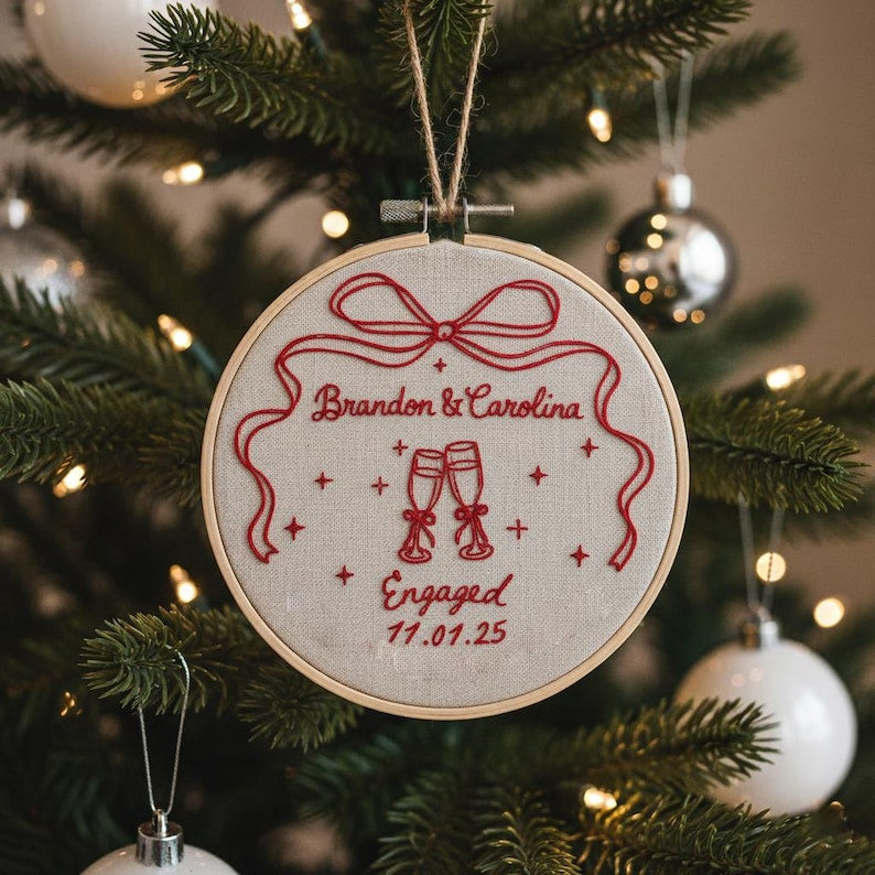 Custom Name Engagement Christmas Ornament, Personalized Hand Embroidered Our First Christmas Married Ornament, 2025 Couple Tree Decor