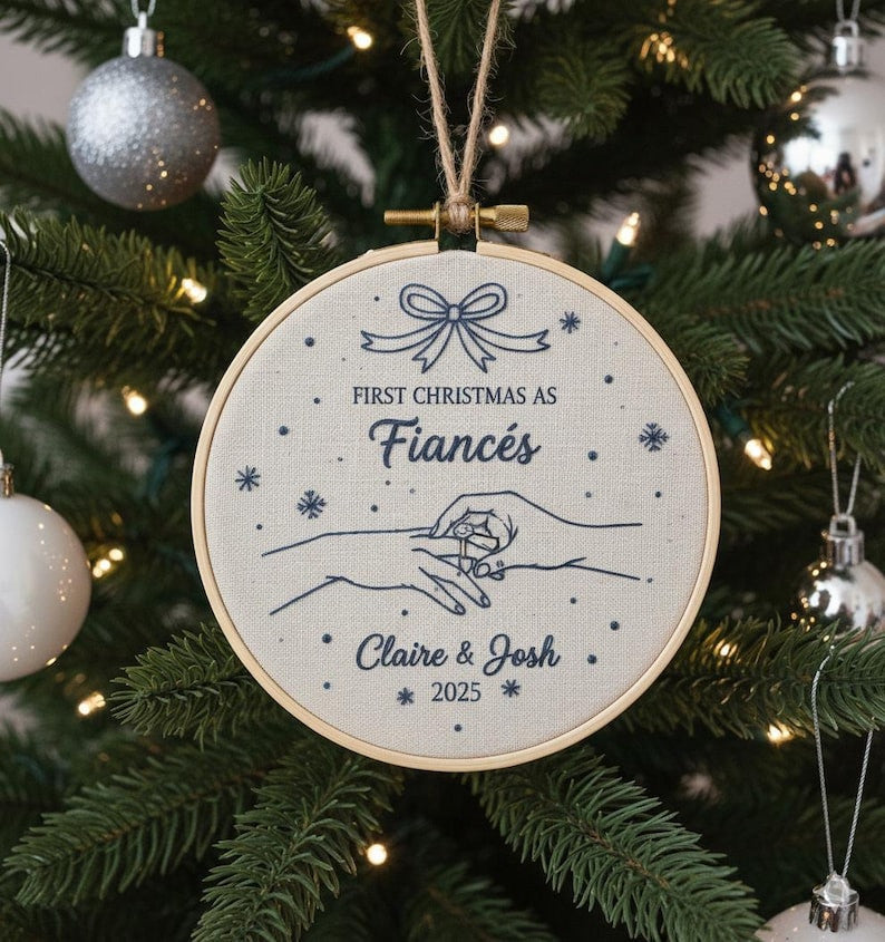 Custom Name Engagement Christmas Ornament, Personalized Hand Embroidered Our First Christmas Married Ornament, 2025 Couple Tree Decor