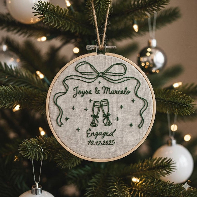 Custom Name Engagement Christmas Ornament, Personalized Hand Embroidered Our First Christmas Married Ornament, 2025 Couple Tree Decor