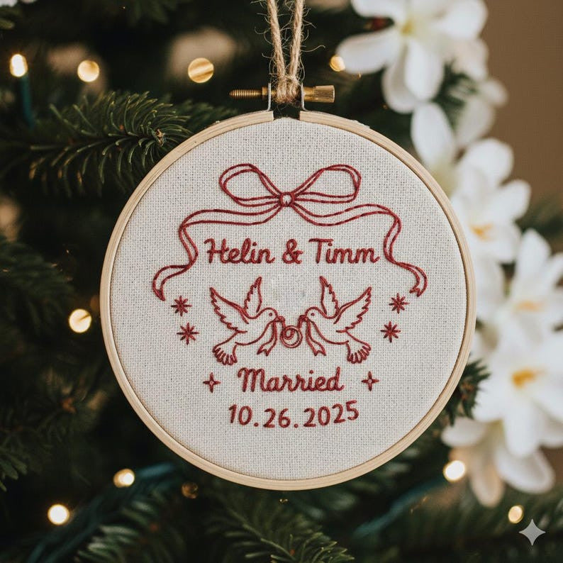 Personalized Our First Christmas Married Ornament, Custom Name Christmas Ornament Couple, Hand Embroidered Ornament, 2025 Holiday Tree Decor