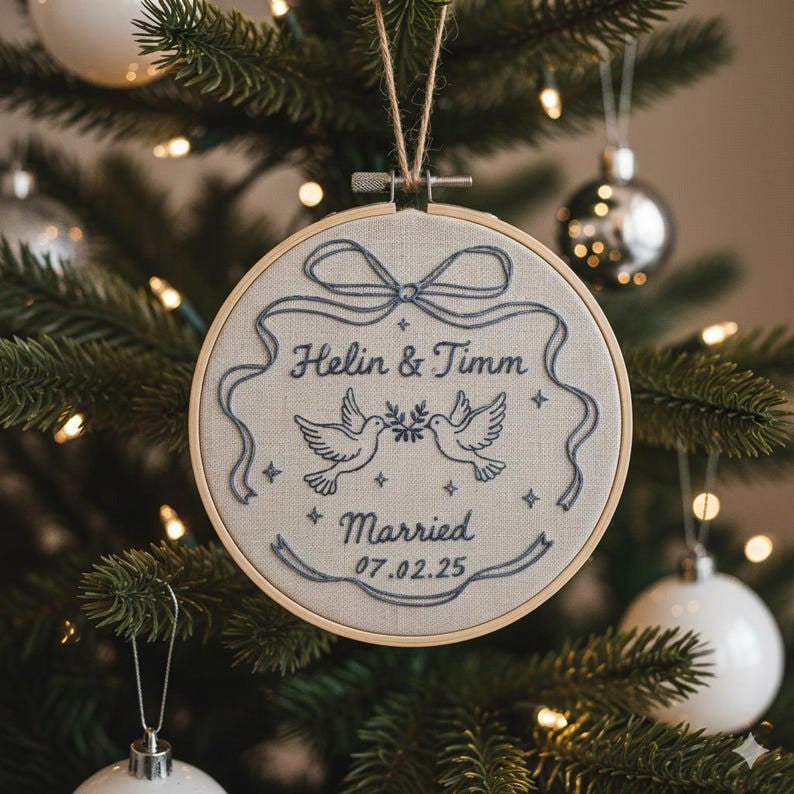 Personalized Our First Christmas Married Ornament, Custom Name Christmas Ornament Couple, Hand Embroidered Ornament, 2025 Holiday Tree Decor