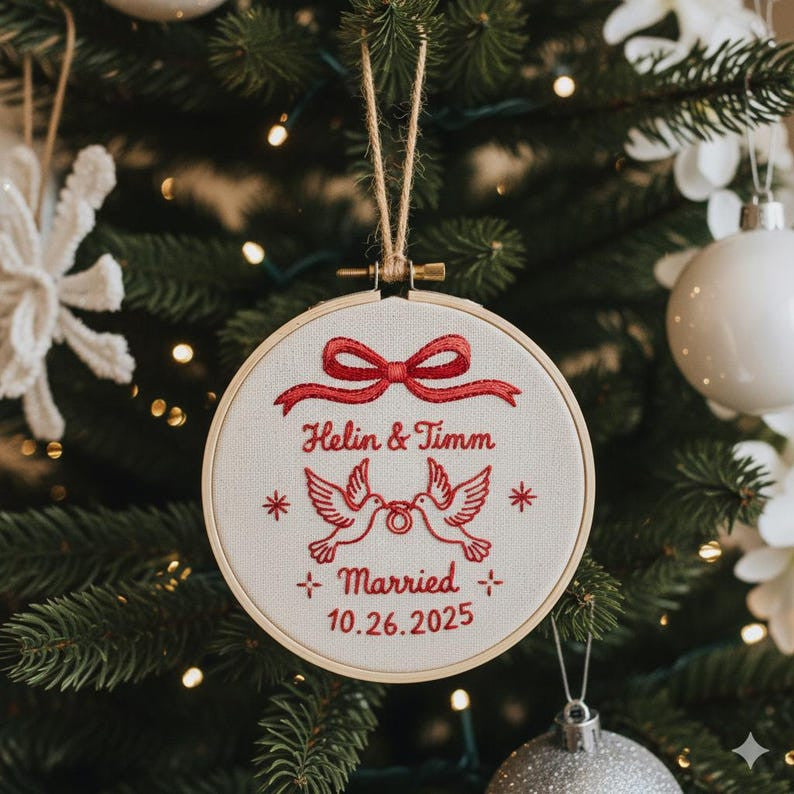 Personalized Our First Christmas Married Ornament, Custom Name Christmas Ornament Couple, Hand Embroidered Ornament, 2025 Holiday Tree Decor